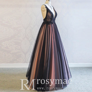 Deep V Neck Pink and Black Formal Dresses Prom Party Gowns