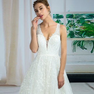 Plunging Deep V Tank Lace A-line Bridal Wedding Dress High Back
