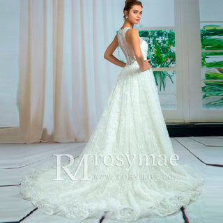 Plunging Deep V Tank Lace A-line Bridal Wedding Dress High Back