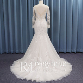 V-neck Sheer Floral Lace Wedding Dress With Long Sleeves