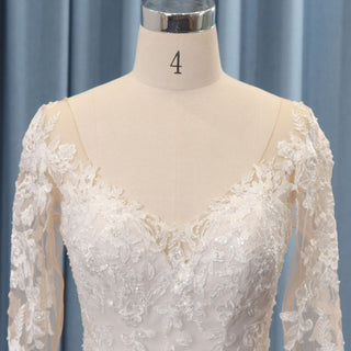 V-neck Sheer Floral Lace Wedding Dress With Long Sleeves
