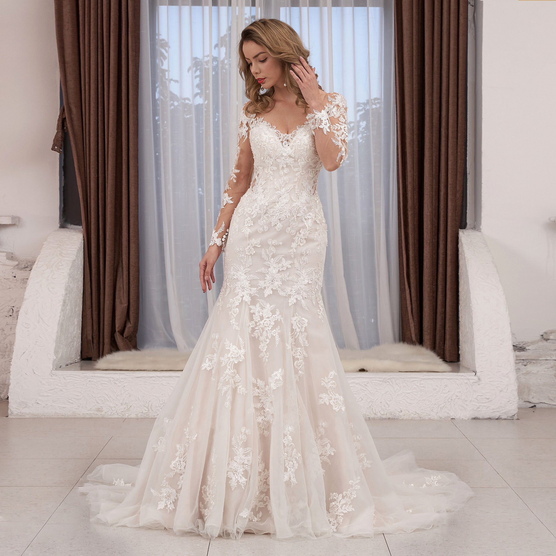 V-neck Sheer Floral Lace Wedding Dress With Long Sleeves White / 10 V-neck Sheer Floral Lace Wedding Dress With Long Sleeves White / 10