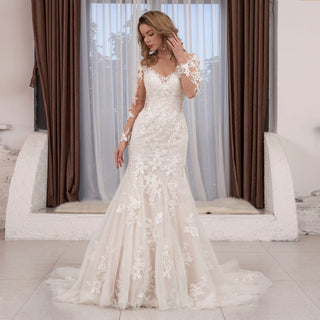 V-neck Sheer Floral Lace Wedding Dress With Long Sleeves