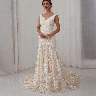 Double V Tank Top Floral Lace Fit Flare Bridal Gown Wedding Dress - Rosymae