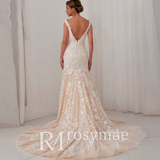 Double V Tank Top Floral Lace Fit Flare Bridal Gown Wedding Dress - Rosymae