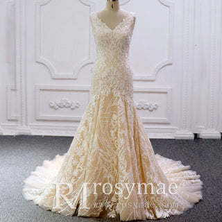 Double V Tank Top Floral Lace Fit Flare Bridal Gown Wedding Dress - Rosymae