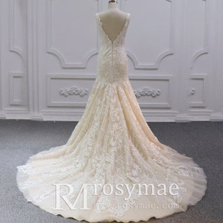 Double V Tank Top Floral Lace Fit Flare Bridal Gown Wedding Dress - Rosymae
