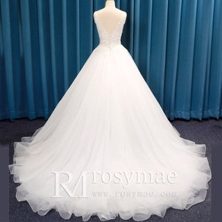 Double V Sheer Bodice Puff Ball Gown Bridal Wedding Dresses