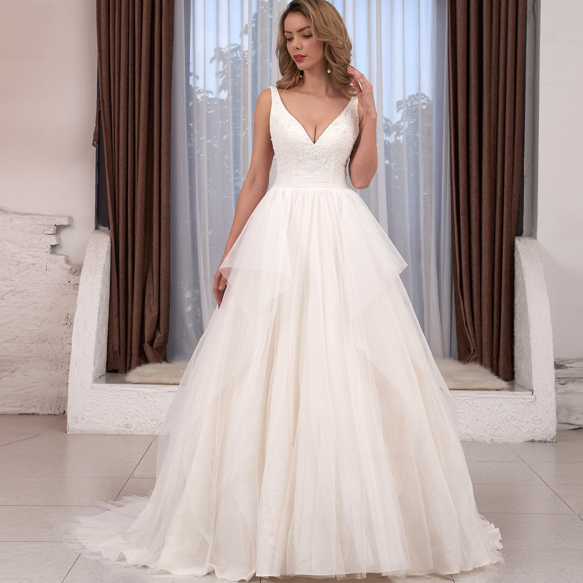 Double V Tank Top Tulle Ball Gown Bridal Wedding Dress - Rosymae