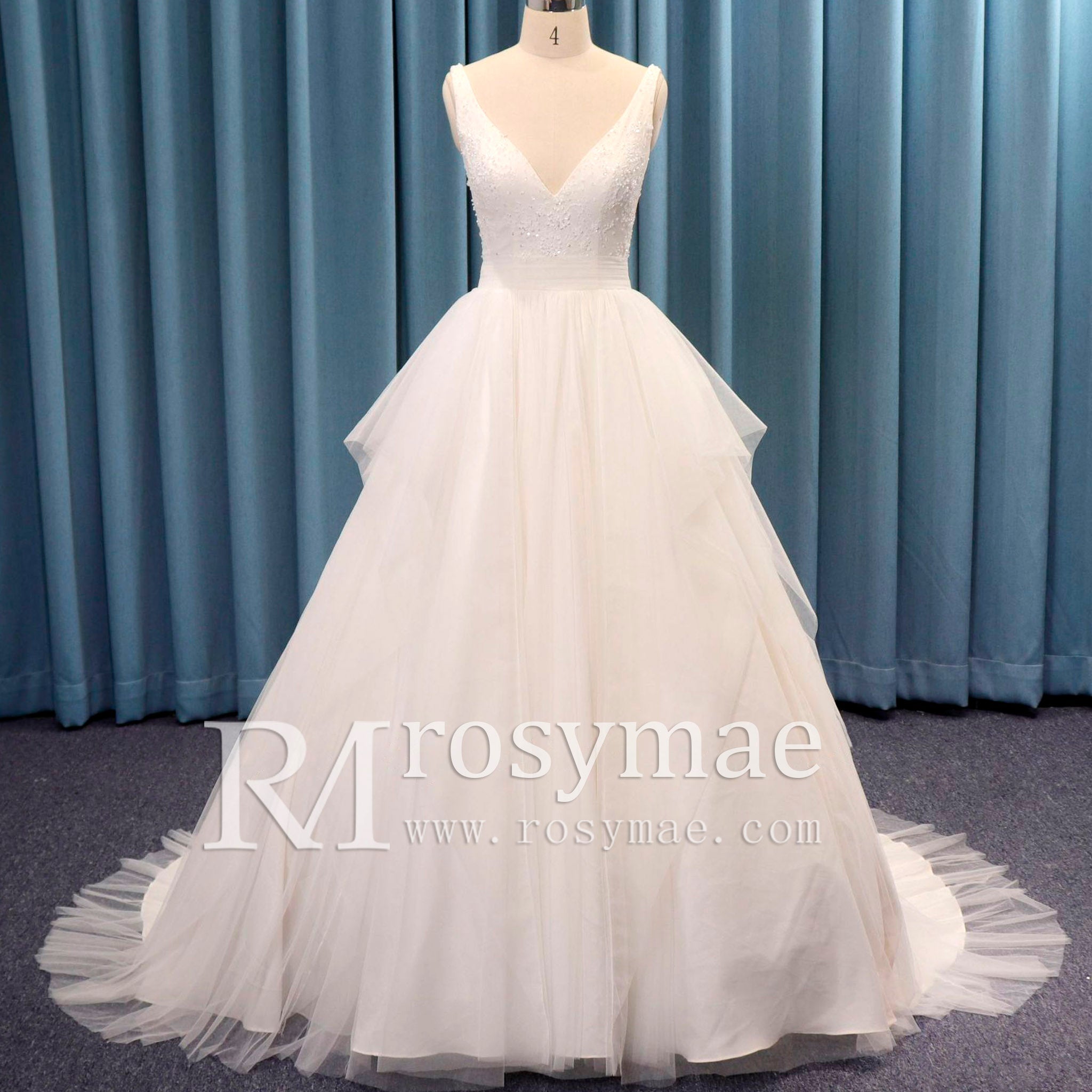 Double V Tank Top Tulle Ball Gown Bridal Wedding Dress - Rosymae