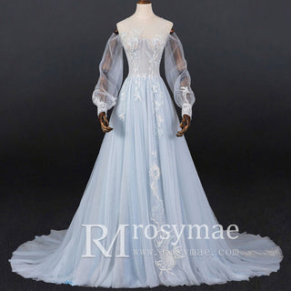 Dreamy Light Blue Wedding Dress with Long and Off the Sleeve - Rosymae