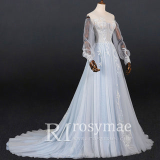 Dreamy Light Blue Wedding Dress with Long and Off the Sleeve - Rosymae