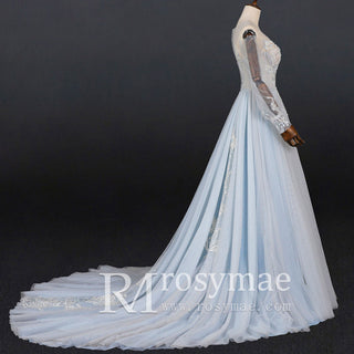 Dreamy Light Blue Wedding Dress with Long and Off the Sleeve - Rosymae
