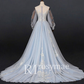 Dreamy Light Blue Wedding Dress with Long and Off the Sleeve - Rosymae