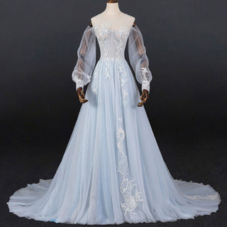 Dreamy Light Blue Wedding Dress with Long and Off the Sleeve - Rosymae