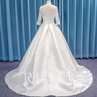 Elbow Length Sleeve Ballgown Satin Bridal Gown Wedding Dress