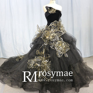 Elegant Black Wedding Dress with Gold Flower Ruffle Skirt - Rosymae