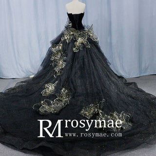 Elegant Black Wedding Dress with Gold Flower Ruffle Skirt - Rosymae