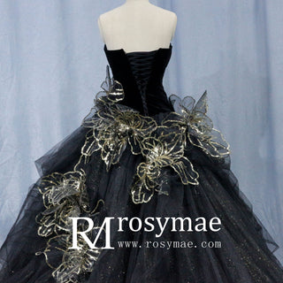 Elegant Black Wedding Dress with Gold Flower Ruffle Skirt - Rosymae