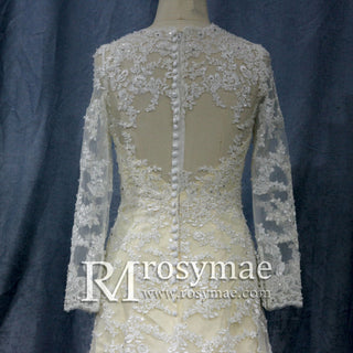 Elegant Cream Long Sleeve A Line V-Neck Lace Wedding Dresses - Rosymae