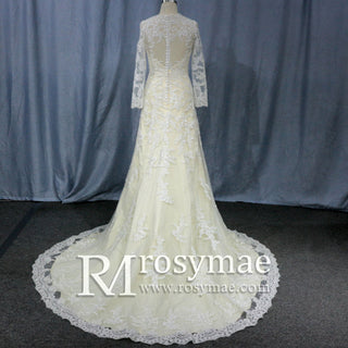 Elegant Cream Long Sleeve A Line V-Neck Lace Wedding Dresses - Rosymae