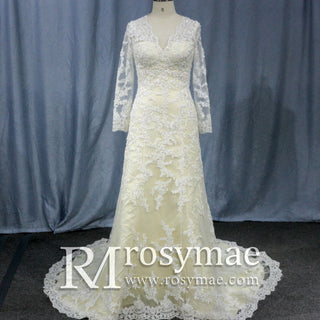 Elegant Cream Long Sleeve A Line V-Neck Lace Wedding Dresses - Rosymae