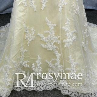 Elegant Cream Long Sleeve A Line V-Neck Lace Wedding Dresses - Rosymae