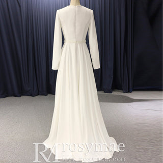 Elegant Crew Neck Long Sleeve A-line Wedding Dresses with Pocket - Rosymae