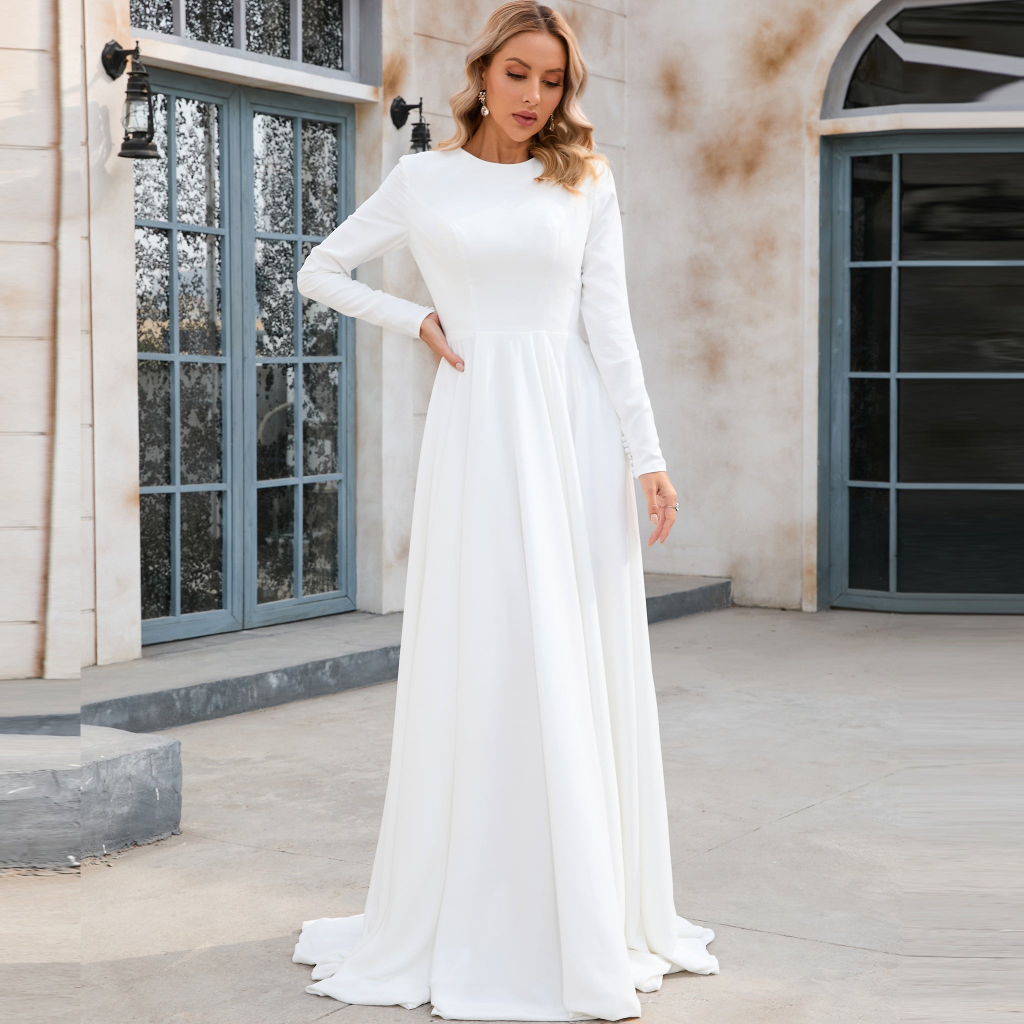 Elegant Crew Neck Long Sleeve A-line Wedding Dresses with Pocket White / 4