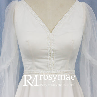 Elegant Deep V-Neck Wedding Dresses with Sheer Sleeves - Rosymae