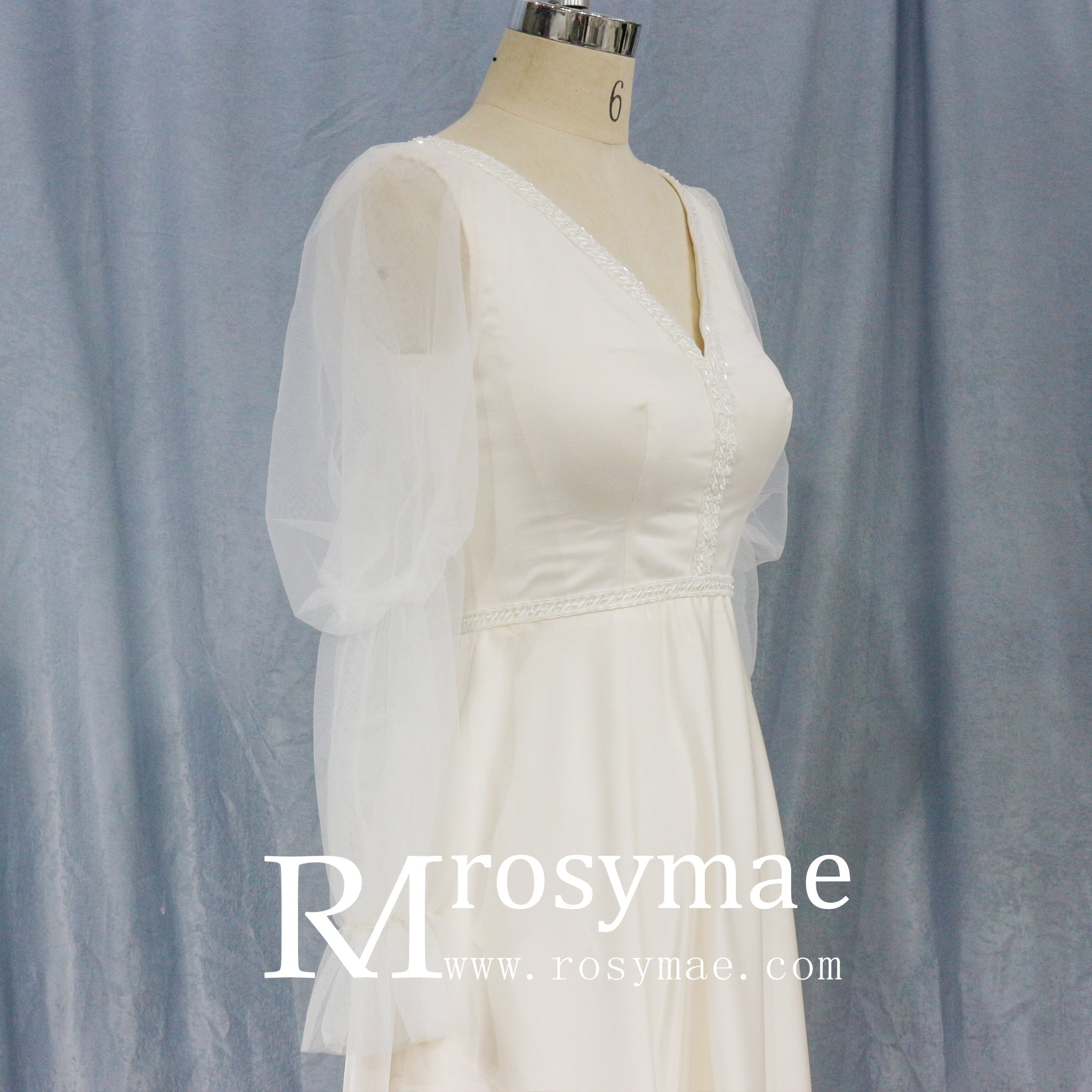 Elegant Deep V-Neck Wedding Dresses with Sheer Sleeves - Rosymae