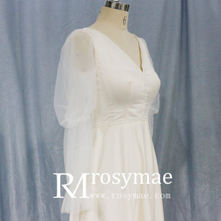 Elegant Deep V-Neck Wedding Dresses with Sheer Sleeves - Rosymae