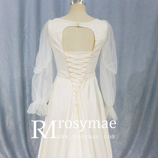 Elegant Deep V-Neck Wedding Dresses with Sheer Sleeves - Rosymae