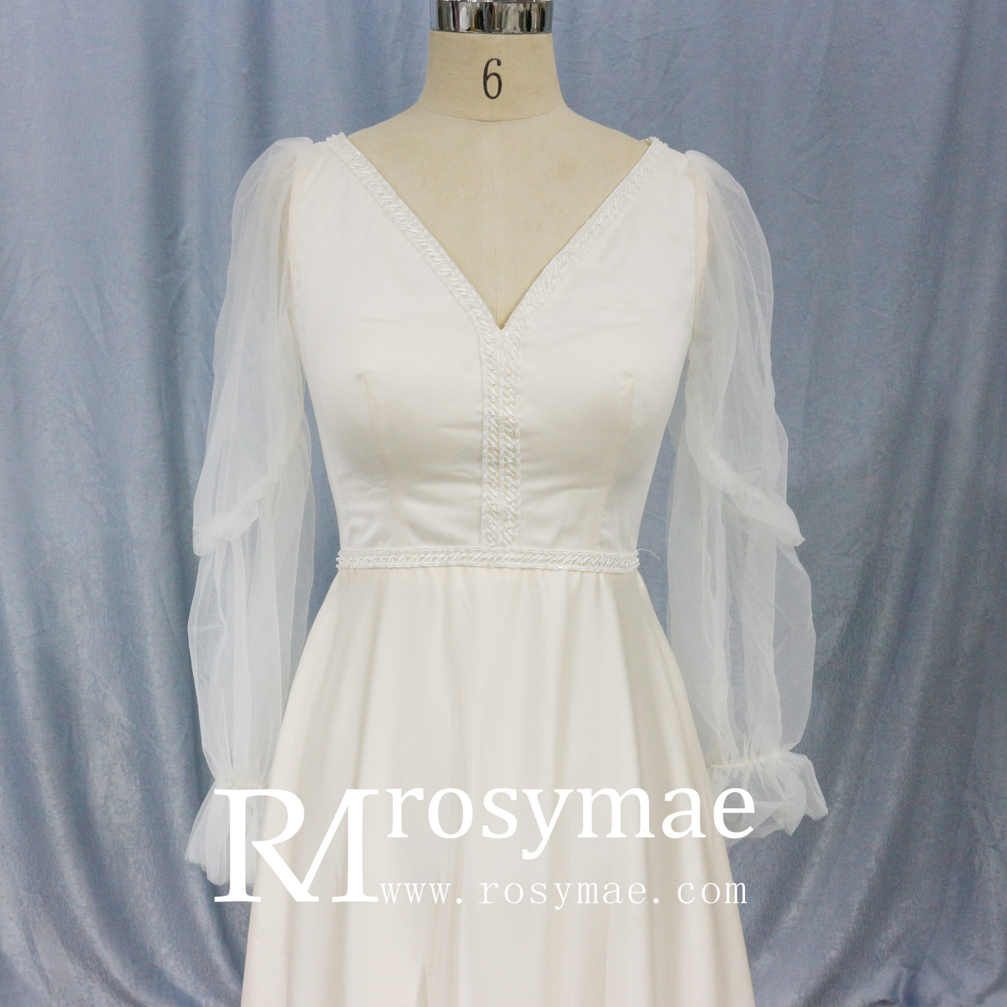 Elegant Deep V-Neck Wedding Dresses with Sheer Sleeves - Rosymae