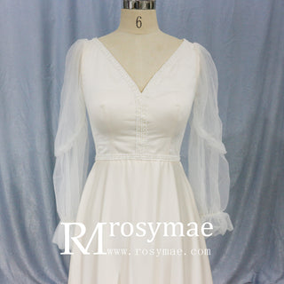 Elegant Deep V-Neck Wedding Dresses with Sheer Sleeves - Rosymae