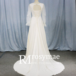 Elegant Deep V-Neck Wedding Dresses with Sheer Sleeves - Rosymae