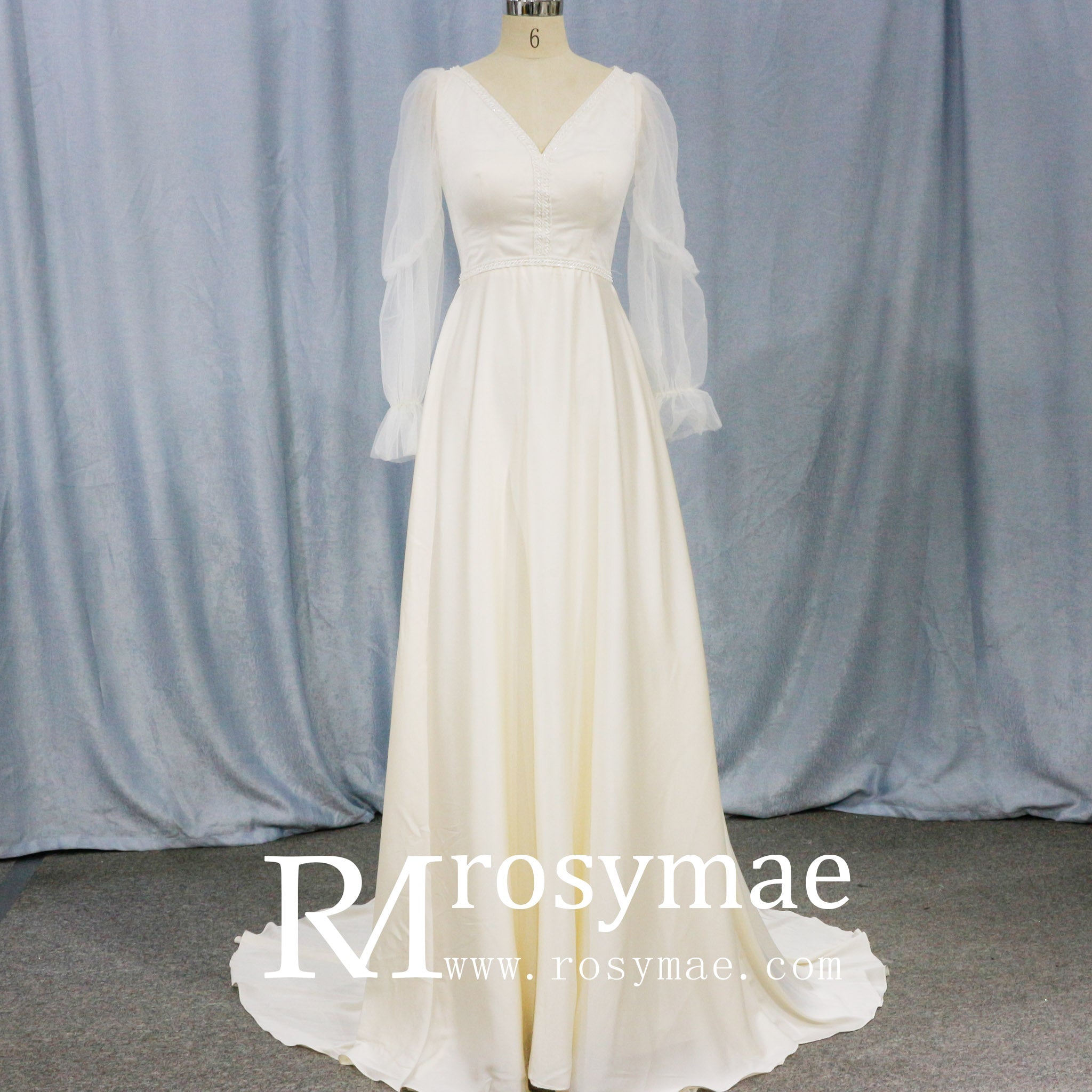 Elegant Deep V-Neck Wedding Dresses with Sheer Sleeves - Rosymae