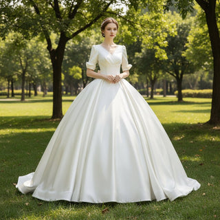 Elegant Double V-Neck Satin Wedding Gown with Half Sleeve - Rosymae