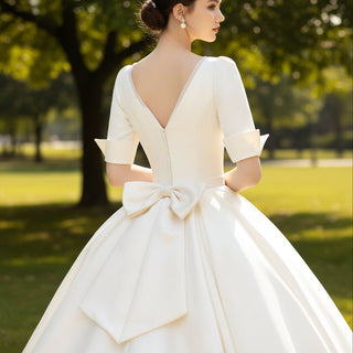Elegant Double V-Neck Satin Wedding Gown with Half Sleeve - Rosymae