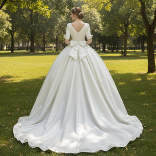 Elegant Double V-Neck Satin Wedding Gown with Half Sleeve - Rosymae