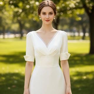 Elegant Double V-Neck Satin Wedding Gown with Half Sleeve - Rosymae