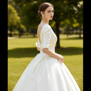 Elegant Double V-Neck Satin Wedding Gown with Half Sleeve - Rosymae
