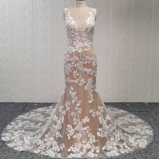 Elegant Floral Lace Trumpet Wedding Dresses with Plunging V-neck - Rosymae