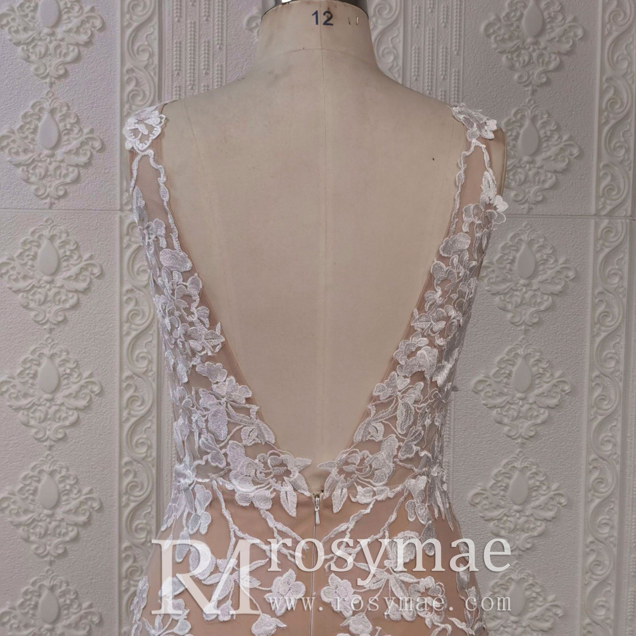Elegant Floral Lace Trumpet Wedding Dresses with Plunging V-neck - Rosymae