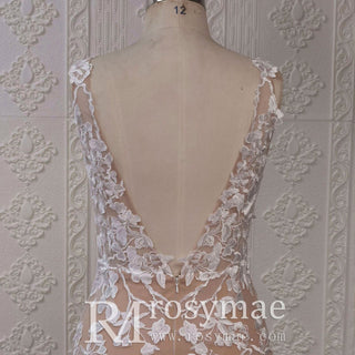 Elegant Floral Lace Trumpet Wedding Dresses with Plunging V-neck - Rosymae