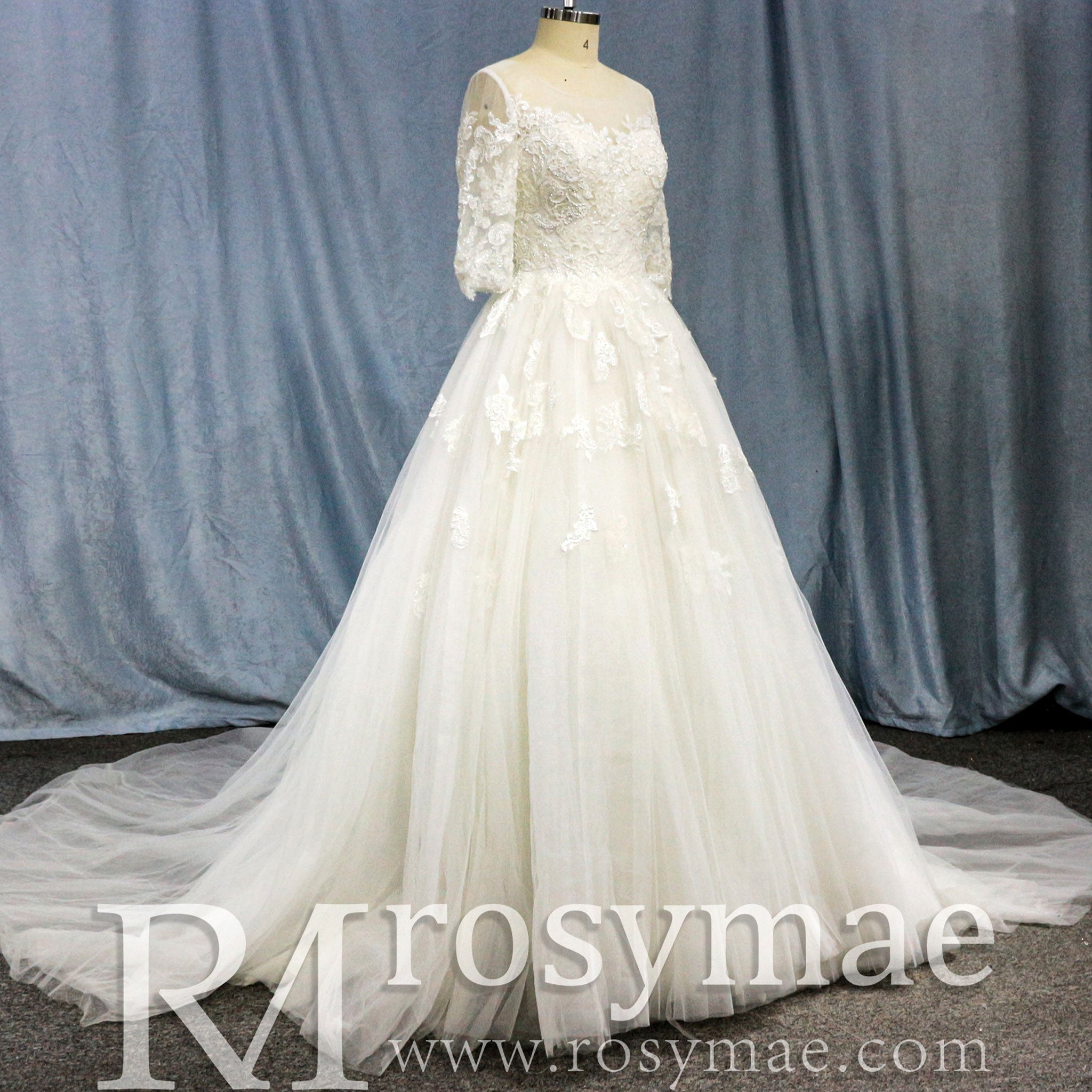 Elegant Lace Applique Wedding Dress With Half Sleeve - Rosymae
