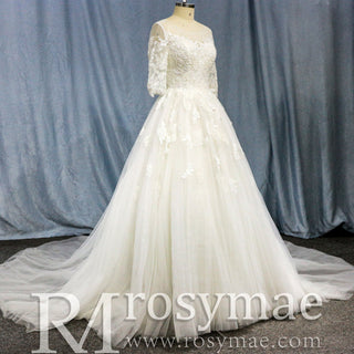 Elegant Lace Applique Wedding Dress With Half Sleeve - Rosymae