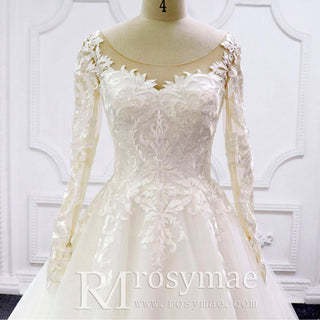 Elegant Long Sleeve Lace and Tulle A-line Wedding Dress - Rosymae