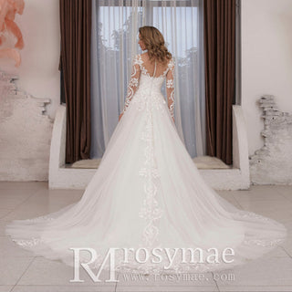 Elegant Long Sleeve Lace and Tulle A-line Wedding Dress - Rosymae