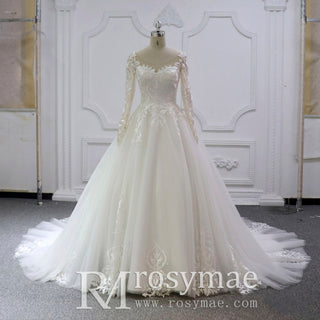 Elegant Long Sleeve Lace and Tulle A-line Wedding Dress - Rosymae
